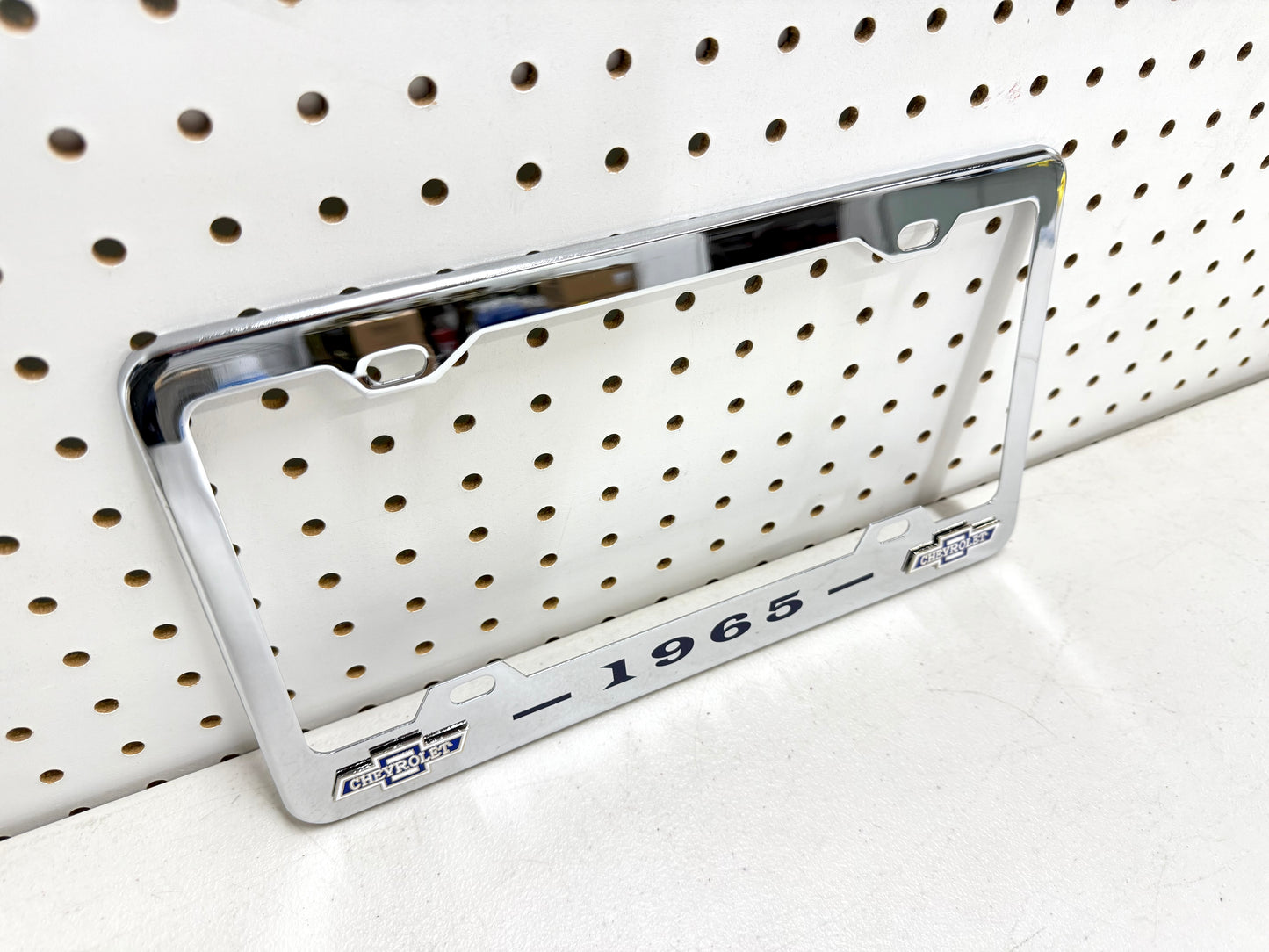 1965 CHEVROLET IMPALA, BEL AIR, BISCAYNE CHROME LICENSE PLATE FRAME WITH DUAL BOWTIE LOGOS