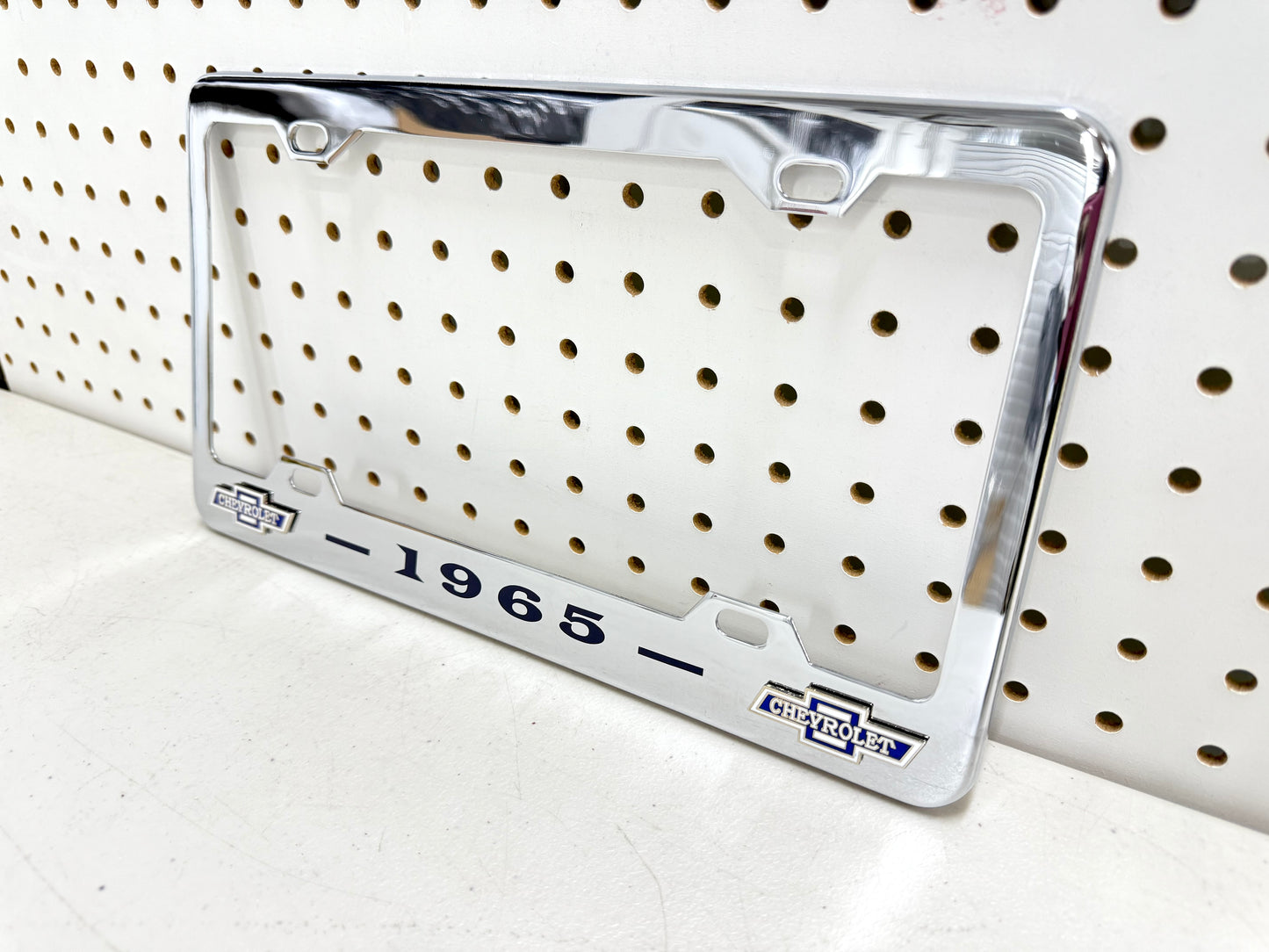 1965 CHEVROLET IMPALA, BEL AIR, BISCAYNE CHROME LICENSE PLATE FRAME WITH DUAL BOWTIE LOGOS