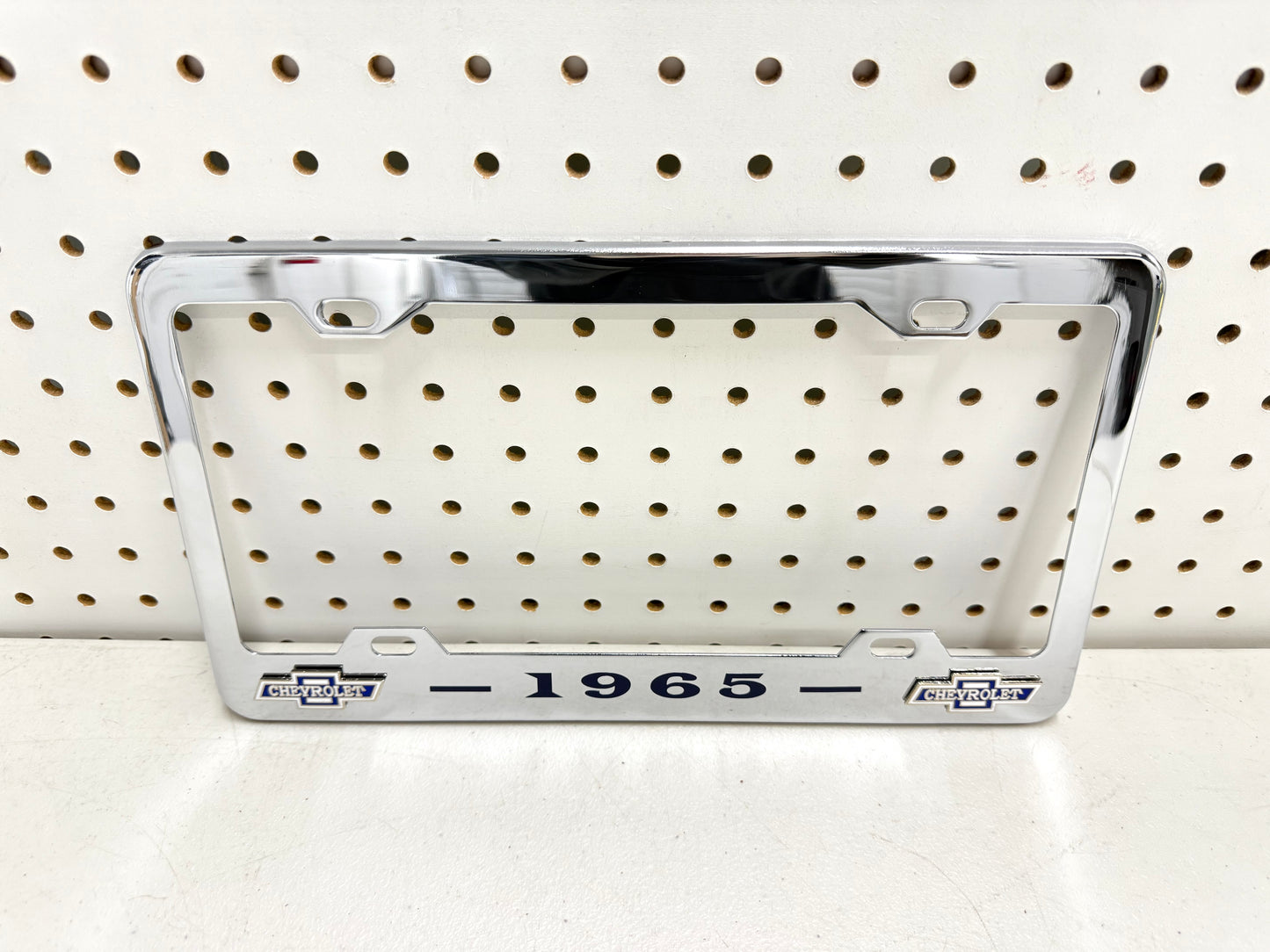 1965 CHEVROLET IMPALA, BEL AIR, BISCAYNE CHROME LICENSE PLATE FRAME WITH DUAL BOWTIE LOGOS