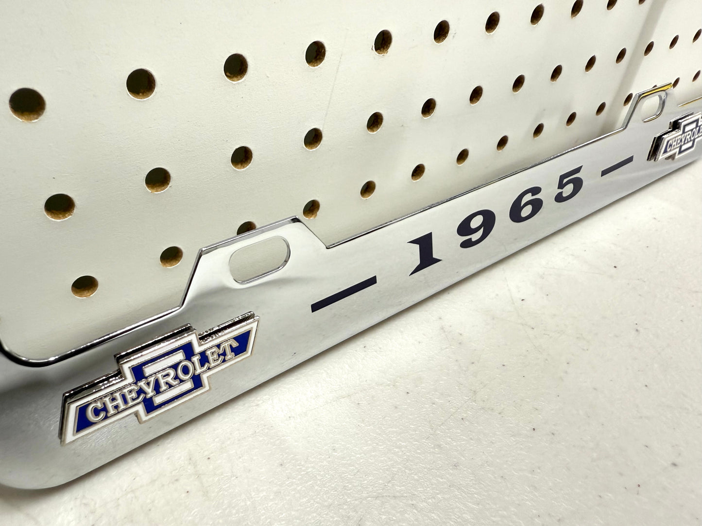 1965 CHEVROLET IMPALA, BEL AIR, BISCAYNE CHROME LICENSE PLATE FRAME WITH DUAL BOWTIE LOGOS