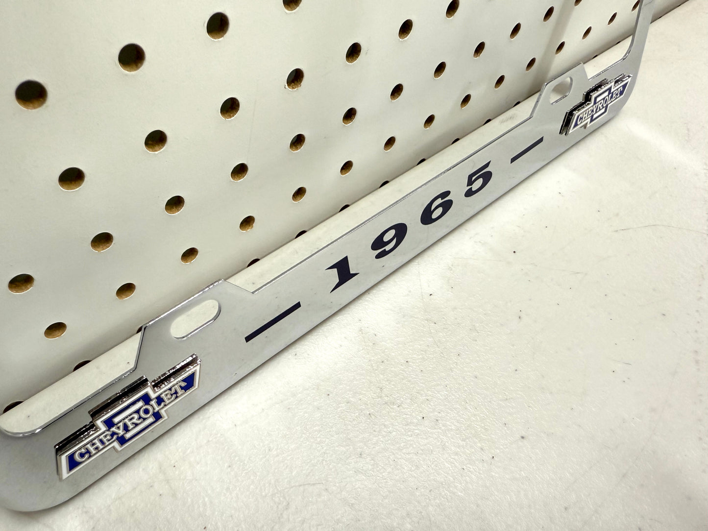 1965 CHEVROLET IMPALA, BEL AIR, BISCAYNE CHROME LICENSE PLATE FRAME WITH DUAL BOWTIE LOGOS