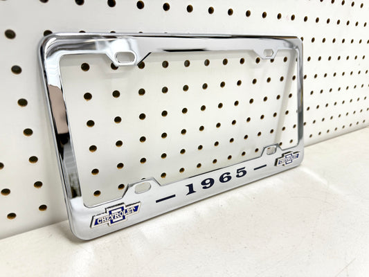 1965 CHEVROLET IMPALA, BEL AIR, BISCAYNE CHROME LICENSE PLATE FRAME WITH DUAL BOWTIE LOGOS