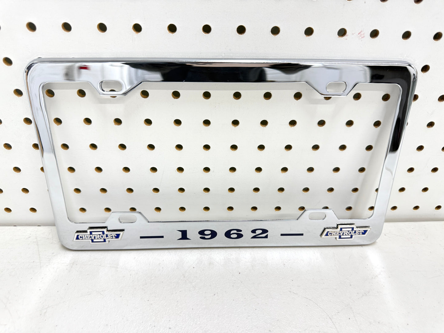 1962 CHEVROLET IMPALA, BEL AIR, BISCAYNE CHROME LICENSE PLATE FRAME WITH DUAL BOWTIE LOGOS