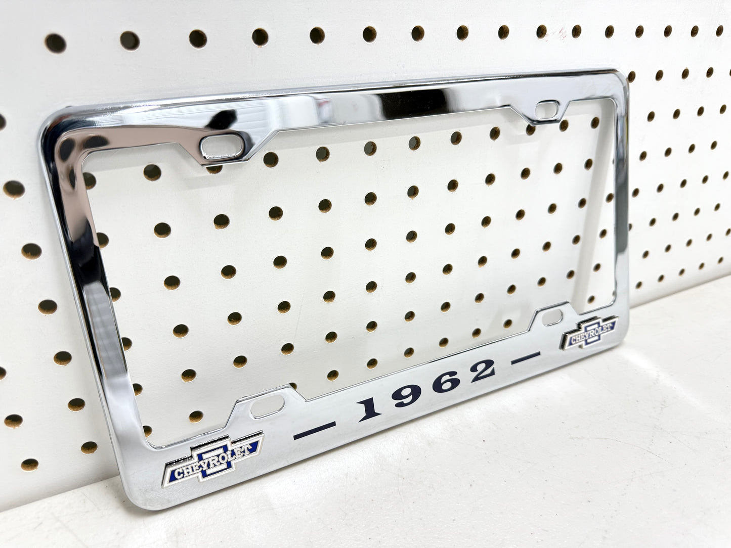 1962 CHEVROLET IMPALA, BEL AIR, BISCAYNE CHROME LICENSE PLATE FRAME WITH DUAL BOWTIE LOGOS