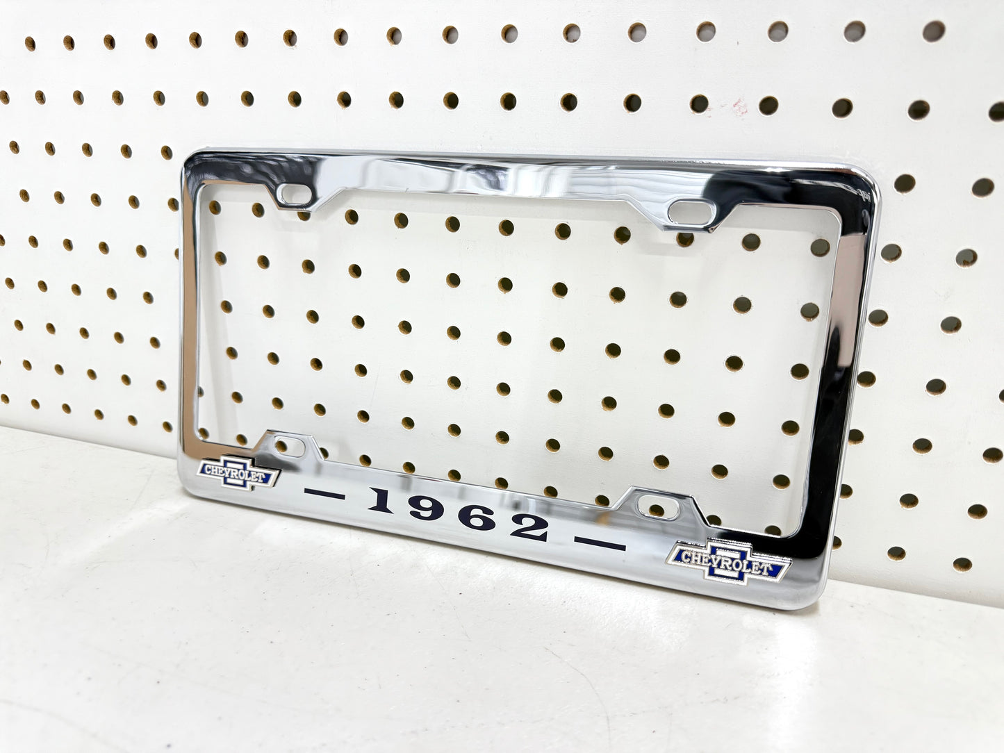 1962 CHEVROLET IMPALA, BEL AIR, BISCAYNE CHROME LICENSE PLATE FRAME WITH DUAL BOWTIE LOGOS