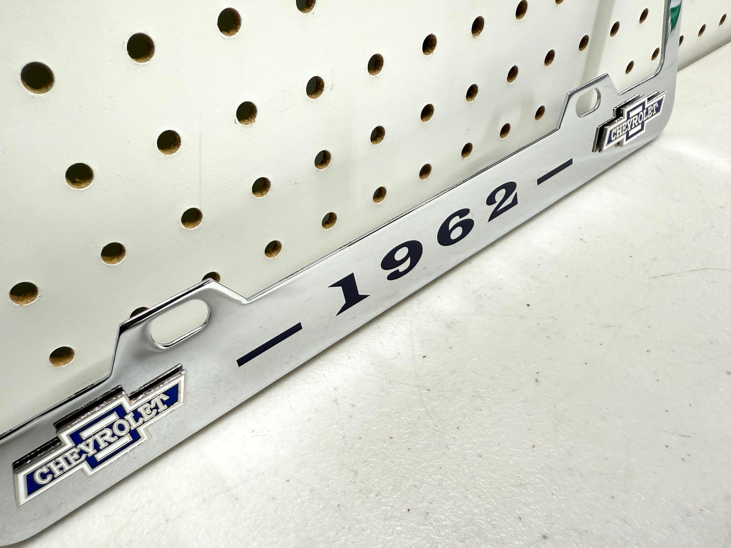1962 CHEVROLET IMPALA, BEL AIR, BISCAYNE CHROME LICENSE PLATE FRAME WITH DUAL BOWTIE LOGOS