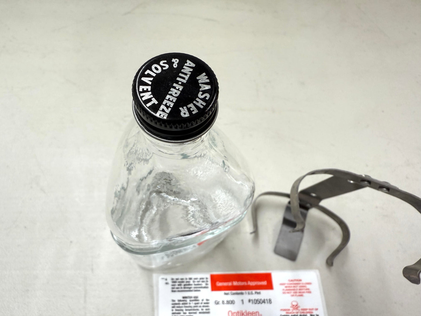GM OPTIKLEEN BOTTLE GLASS WASHER BOTTLE COMPLETE W/ CAP & BRACKET & DECAL 1959-74