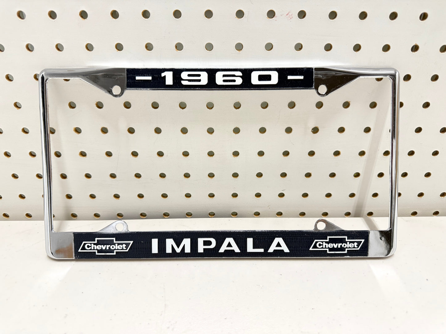 1960 CHEVY IMPALA GM LICENSED FRONT REAR LICENSE PLATE HOLDER RETAINER FRAME WITH DUAL BOWTIE LOGOS