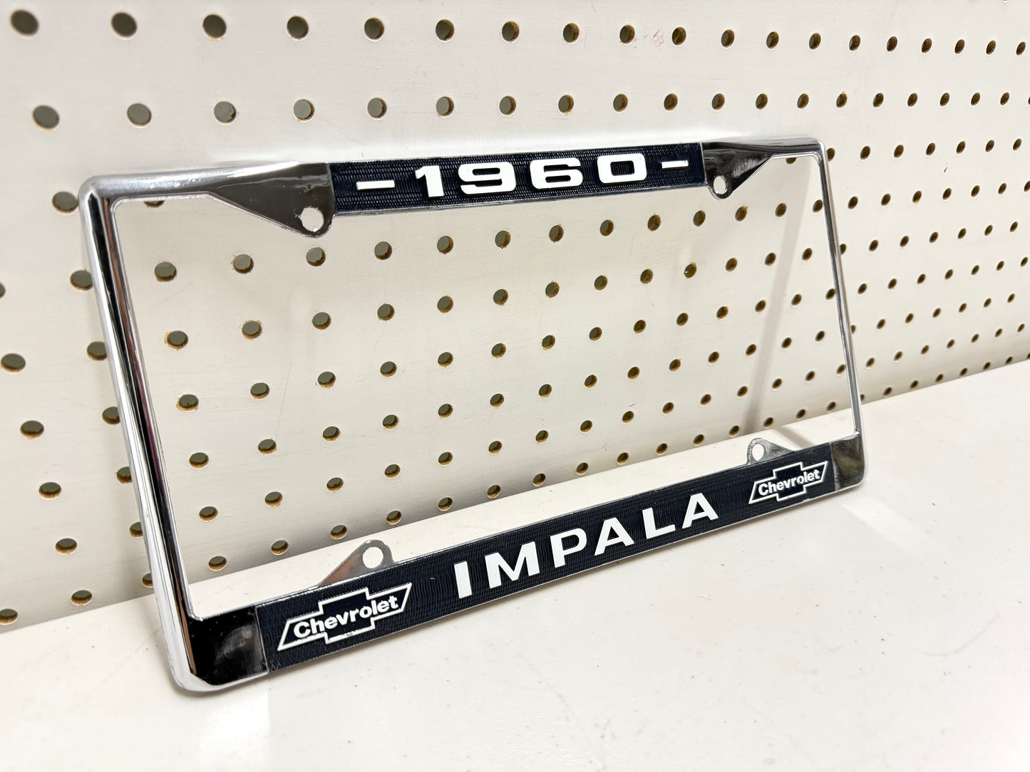 1960 CHEVY IMPALA GM LICENSED FRONT REAR LICENSE PLATE HOLDER RETAINER FRAME WITH DUAL BOWTIE LOGOS