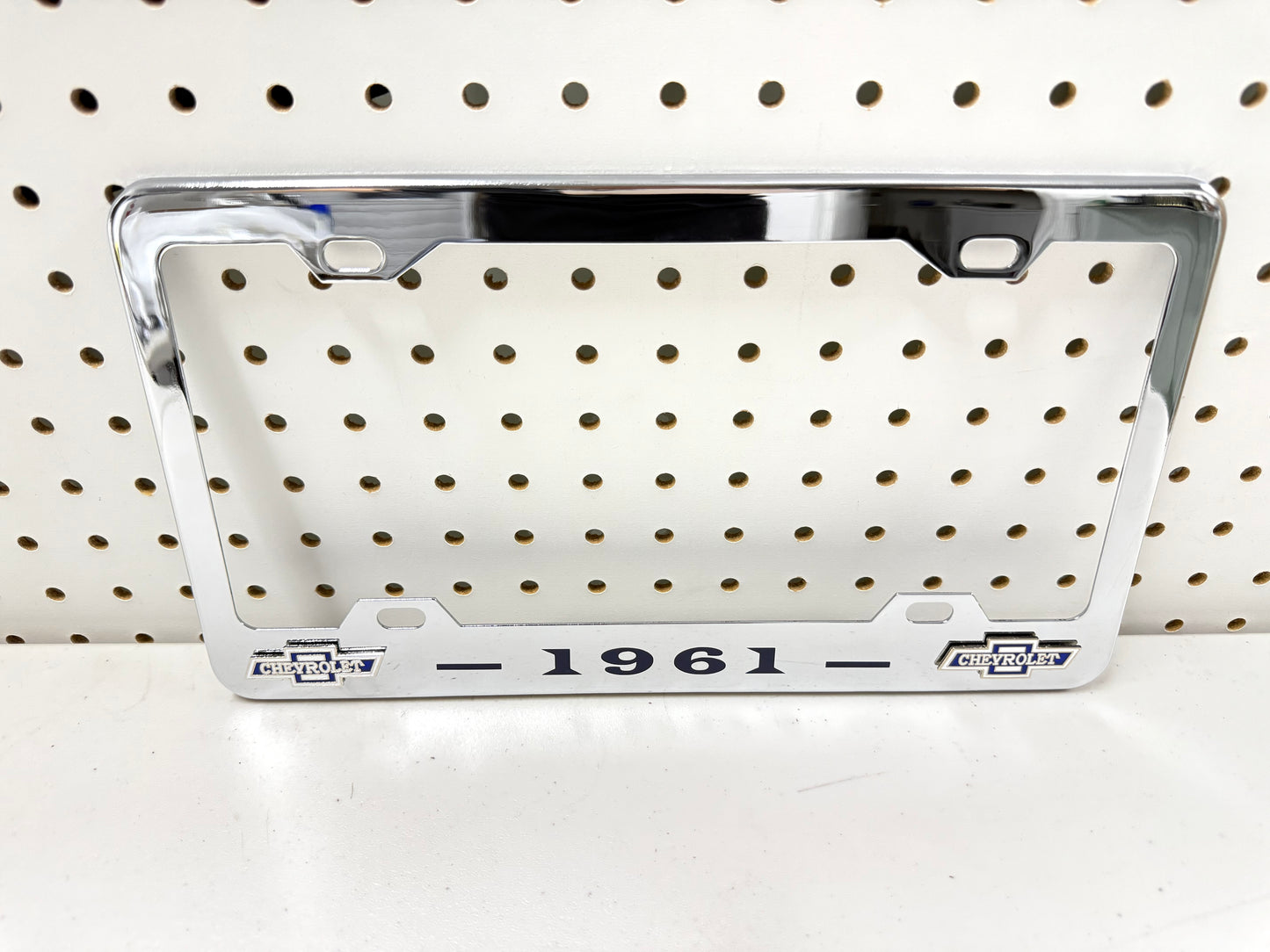 1961 CHEVROLET IMPALA, BEL AIR, BISCAYNE CHROME LICENSE PLATE FRAME WITH DUAL BOWTIE LOGOS