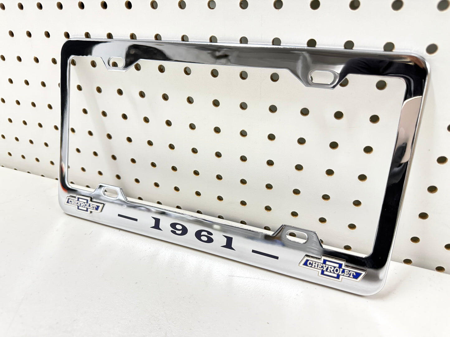 1961 CHEVROLET IMPALA, BEL AIR, BISCAYNE CHROME LICENSE PLATE FRAME WITH DUAL BOWTIE LOGOS