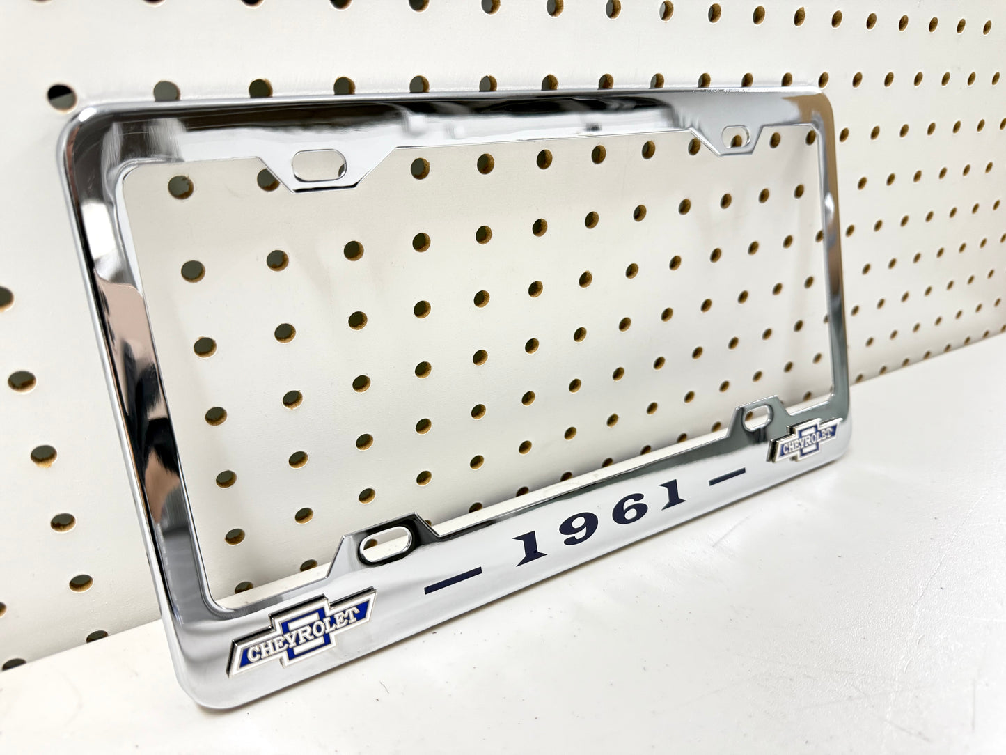1961 CHEVROLET IMPALA, BEL AIR, BISCAYNE CHROME LICENSE PLATE FRAME WITH DUAL BOWTIE LOGOS