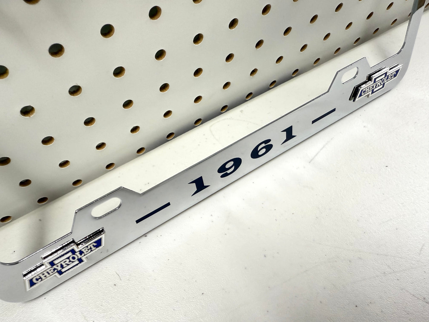 1961 CHEVROLET IMPALA, BEL AIR, BISCAYNE CHROME LICENSE PLATE FRAME WITH DUAL BOWTIE LOGOS