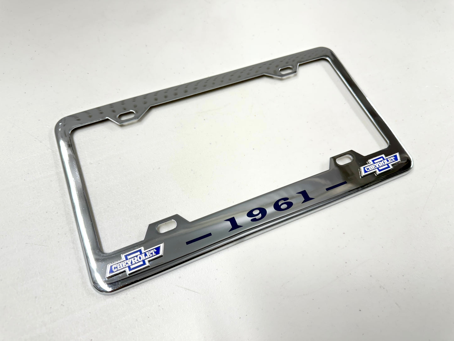 1961 CHEVROLET IMPALA, BEL AIR, BISCAYNE CHROME LICENSE PLATE FRAME WITH DUAL BOWTIE LOGOS