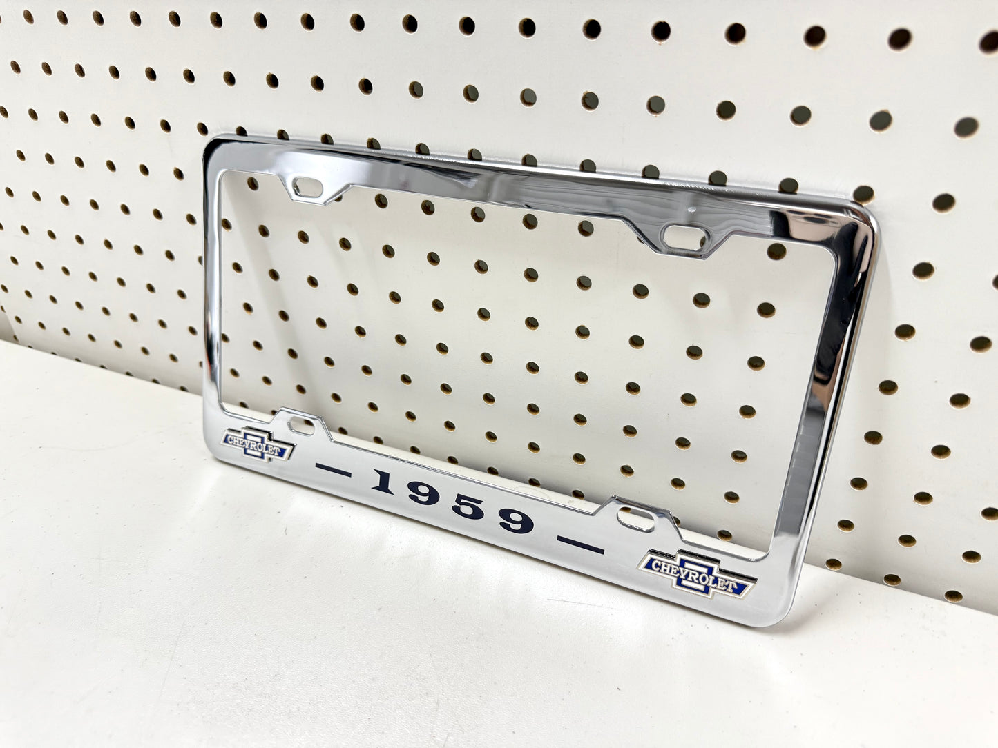 1959 CHEVROLET IMPALA, BEL AIR, BISCAYNE CHROME LICENSE PLATE FRAME WITH DUAL BOWTIE LOGOS