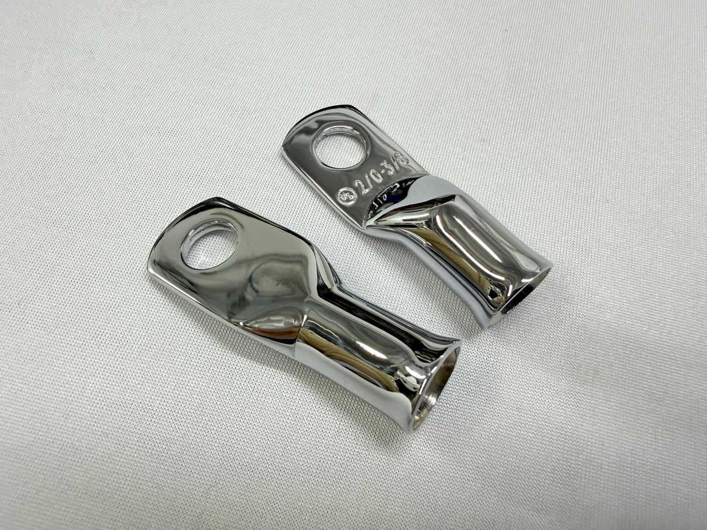 2/0 GAUGE BATTERY CABLE ENDS, LUGS 3/8 STUD 2PC / TRIPLE CHROME PLATED / LOWRIDER HYDRAULICS