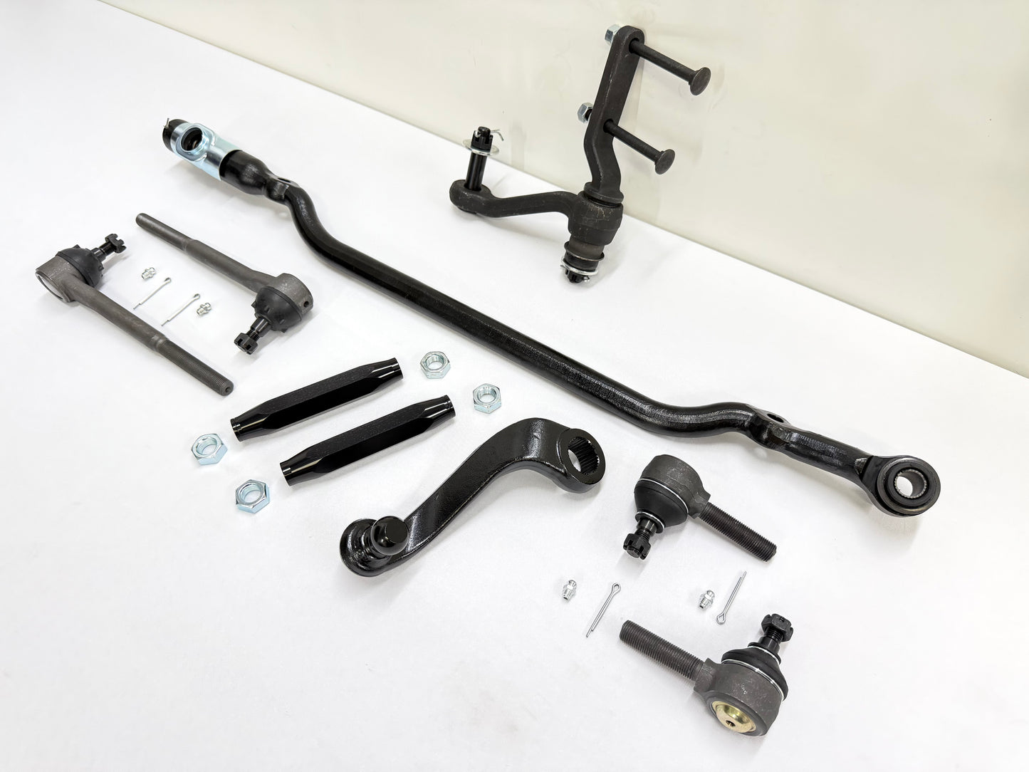 1955-57 GM CHEVY CHEVROLET BEL AIR NOMAD 210 150 TRI FIVE STANDARD COMPLETE STEERING LINKAGE KIT W/ BLACK ANODIZED SLEEVES