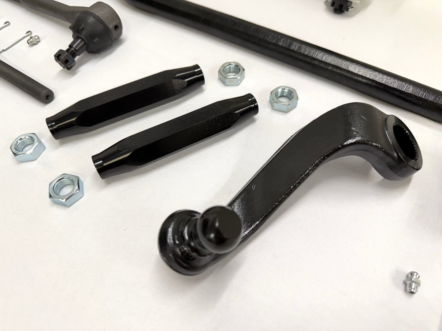 1955-57 GM CHEVY CHEVROLET BEL AIR NOMAD 210 150 TRI FIVE STANDARD COMPLETE STEERING LINKAGE KIT W/ BLACK ANODIZED SLEEVES