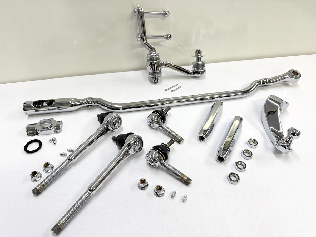 1955-57 GM CHEVY CHEVROLET BEL AIR NOMAD 210 150 TRI FIVE PREMIUM HEAVY DUTY COMPLETE STEERING LINKAGE KIT W/ IDLER ARM BEARING UPGRADE (TRIPLE CHROME PLATED)