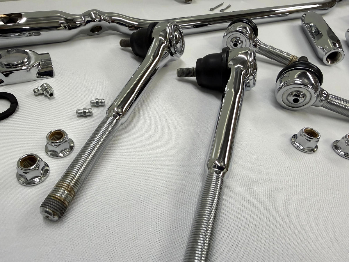 1955-57 GM CHEVY CHEVROLET BEL AIR NOMAD 210 150 TRI FIVE PREMIUM HEAVY DUTY COMPLETE STEERING LINKAGE KIT W/ IDLER ARM BEARING UPGRADE (TRIPLE CHROME PLATED)
