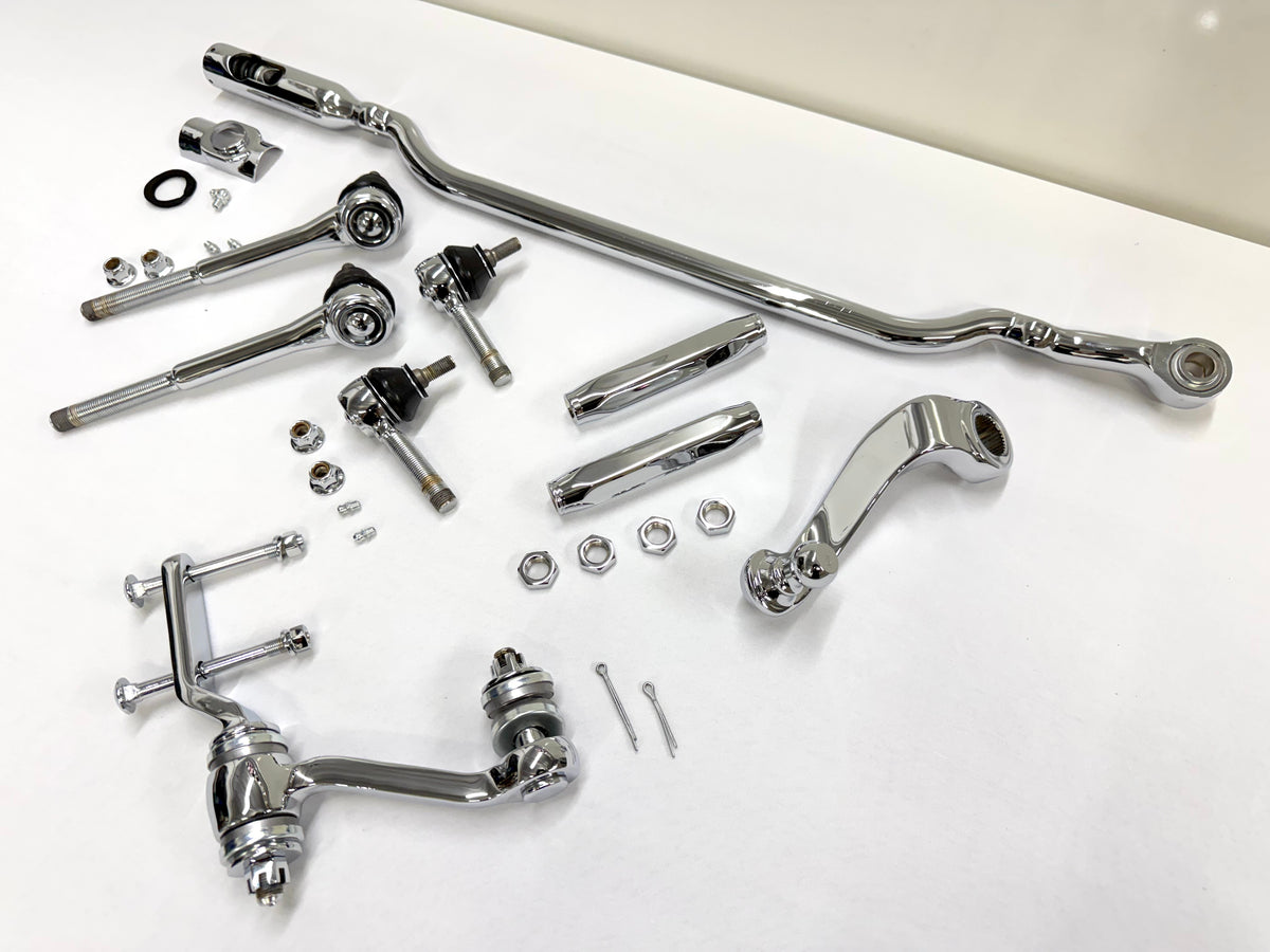 1955-57 GM CHEVY CHEVROLET BEL AIR NOMAD 210 150 TRI FIVE PREMIUM HEAVY DUTY COMPLETE STEERING LINKAGE KIT W/ IDLER ARM BEARING UPGRADE (TRIPLE CHROME PLATED)