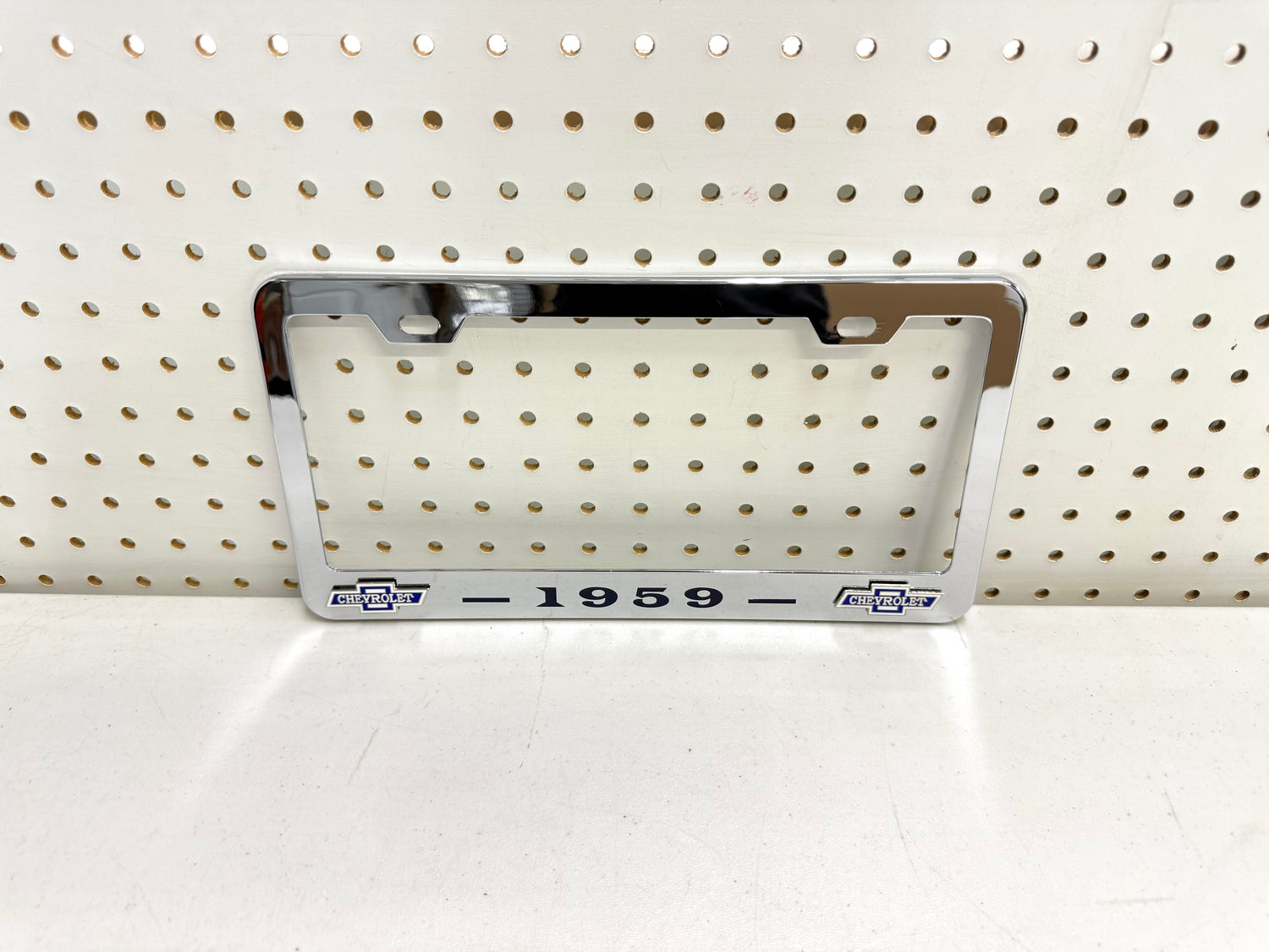 1959 CHEVROLET IMPALA, BEL AIR, BISCAYNE CHROME LICENSE PLATE FRAME WITH DUAL CHEVY BOWTIE LOGOS (2 HOLES)
