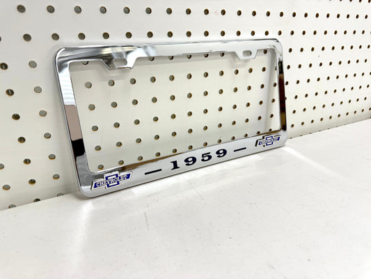 1959 CHEVROLET IMPALA, BEL AIR, BISCAYNE CHROME LICENSE PLATE FRAME WITH DUAL CHEVY BOWTIE LOGOS (2 HOLES)