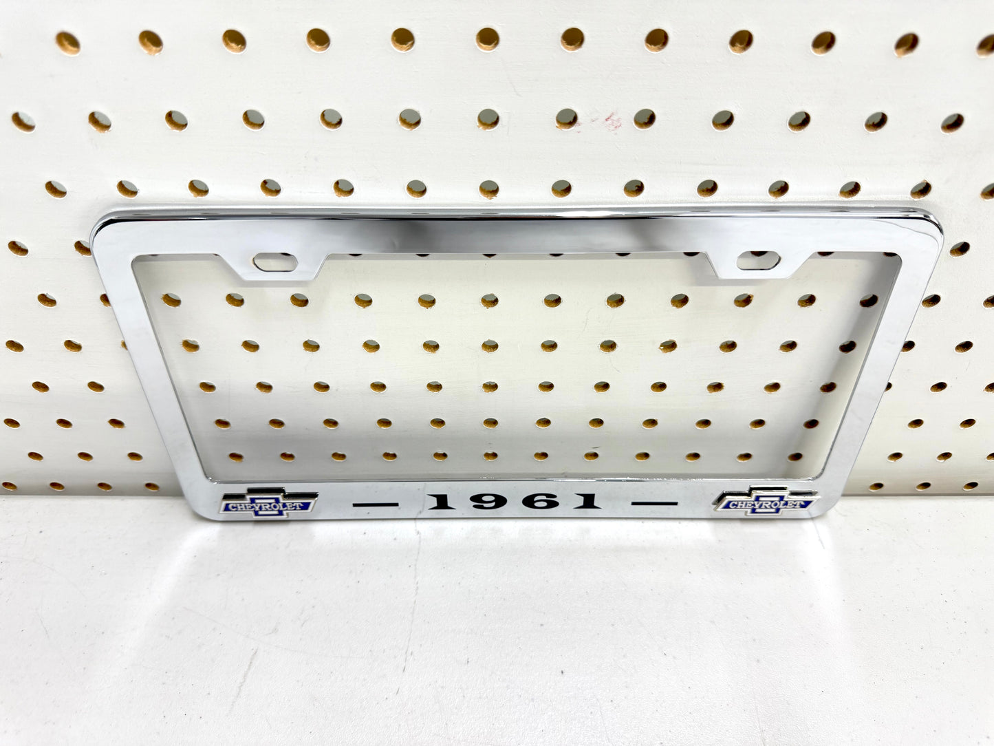 1961 CHEVROLET IMPALA, BEL AIR, BISCAYNE CHROME LICENSE PLATE FRAME WITH DUAL CHEVY BOWTIE LOGOS (2 HOLES)
