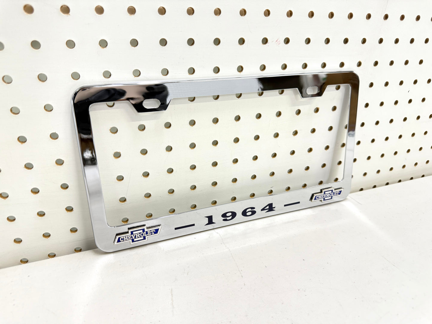 1964 CHEVROLET IMPALA, BEL AIR, BISCAYNE CHROME LICENSE PLATE FRAME WITH DUAL CHEVY BOWTIE LOGOS (2 HOLES)