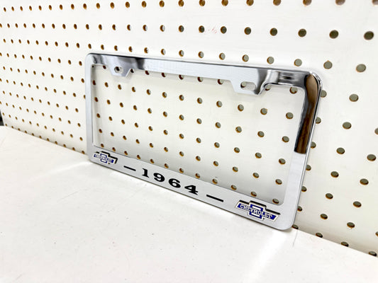 1964 CHEVROLET IMPALA, BEL AIR, BISCAYNE CHROME LICENSE PLATE FRAME WITH DUAL CHEVY BOWTIE LOGOS (2 HOLES)
