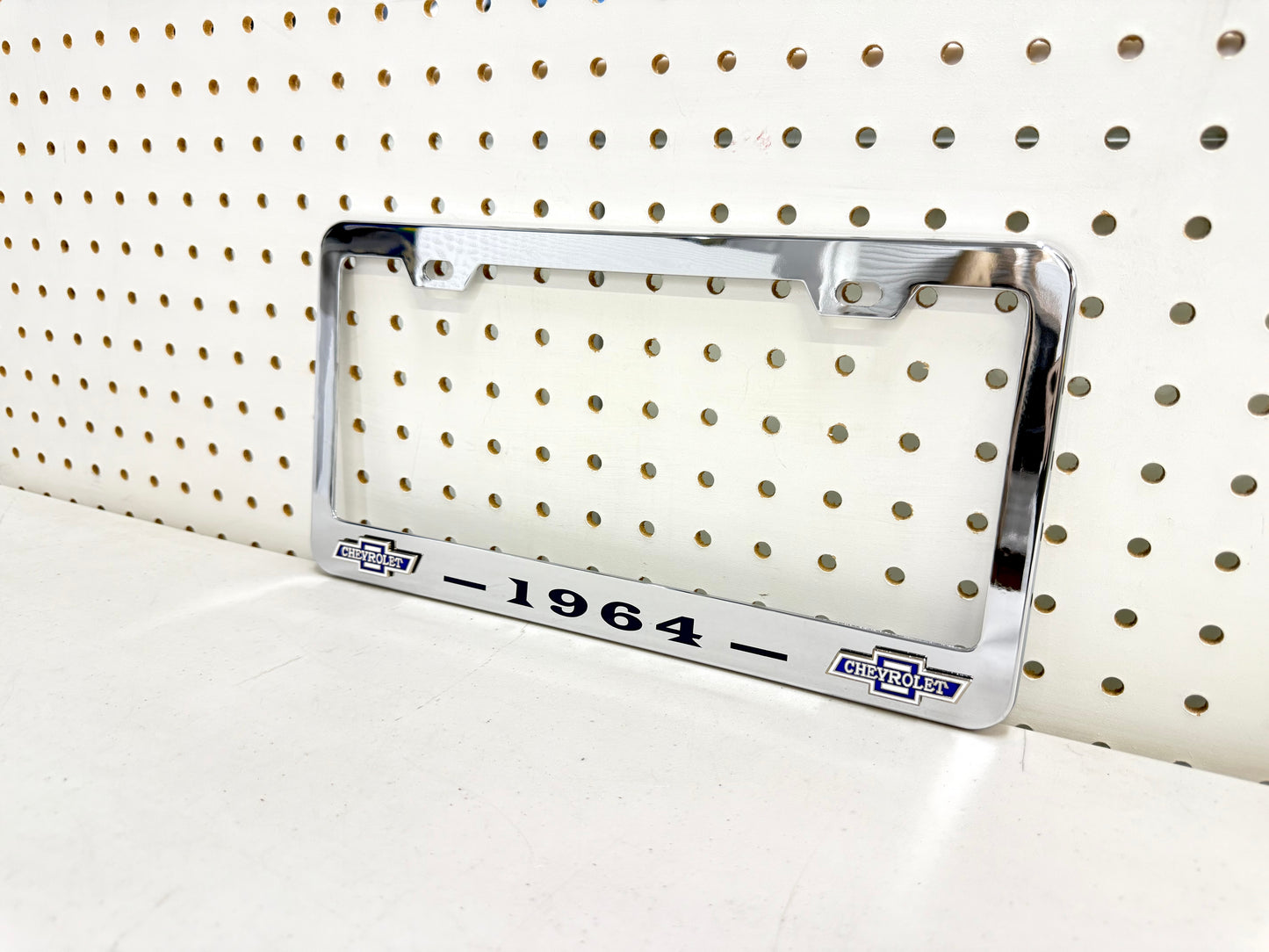 1964 CHEVROLET IMPALA, BEL AIR, BISCAYNE CHROME LICENSE PLATE FRAME WITH DUAL CHEVY BOWTIE LOGOS (2 HOLES)