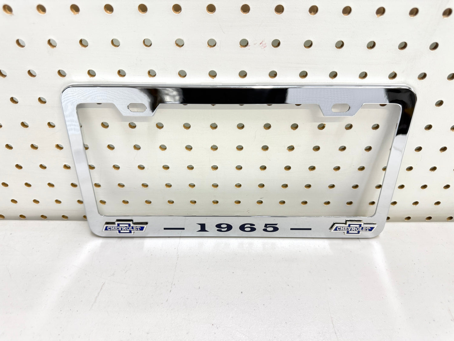 1965 CHEVROLET IMPALA, BEL AIR, BISCAYNE CHROME LICENSE PLATE FRAME WITH DUAL CHEVY BOWTIE LOGOS (2 HOLES)