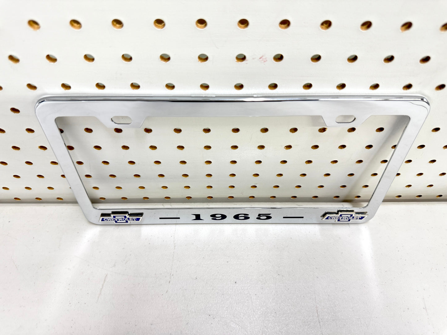 1965 CHEVROLET IMPALA, BEL AIR, BISCAYNE CHROME LICENSE PLATE FRAME WITH DUAL CHEVY BOWTIE LOGOS (2 HOLES)