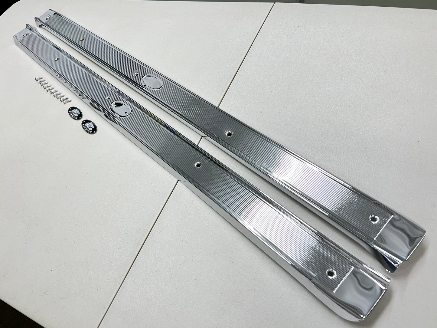 1961-1964 CHEVY IMPALA BEL AIR BISCAYNE HARDTOP OR CONVERTIBLE 2 DOOR , DOOR SILL PLATES / TRIPLE CHROME FINISH [NEW]