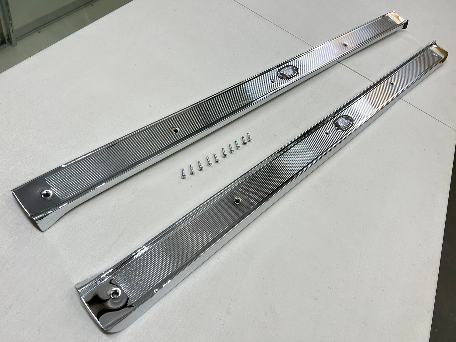 1961-1964 CHEVY IMPALA BEL AIR BISCAYNE HARDTOP OR CONVERTIBLE 2 DOOR , DOOR SILL PLATES / TRIPLE CHROME FINISH [NEW]