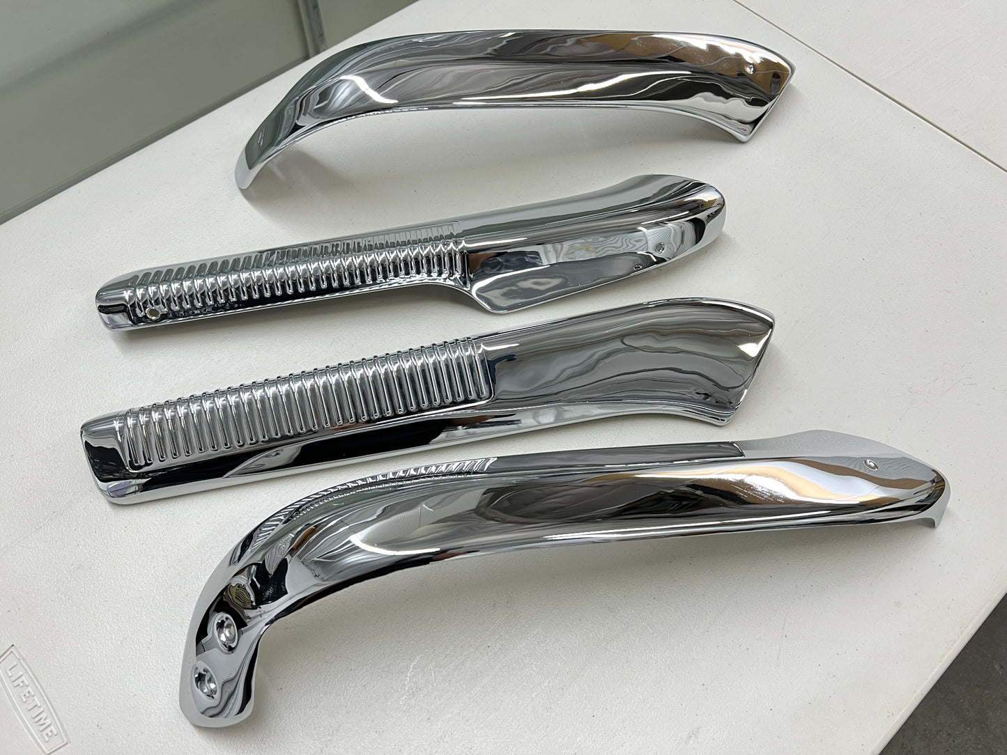 1963-1964 CHEVY IMPALA FRONT BENCH SEAT TRIMS , SHELLS 4PC / CHROME FINISH [GM ORIGINAL OEM RESTORED]