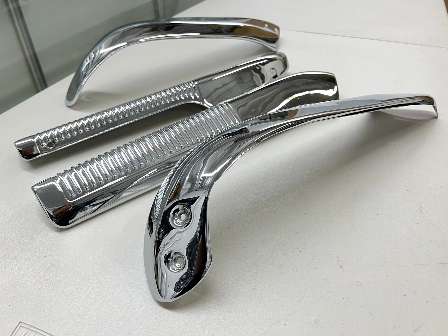 1963-1964 CHEVY IMPALA FRONT BENCH SEAT TRIMS , SHELLS 4PC / CHROME FINISH [GM ORIGINAL OEM RESTORED]