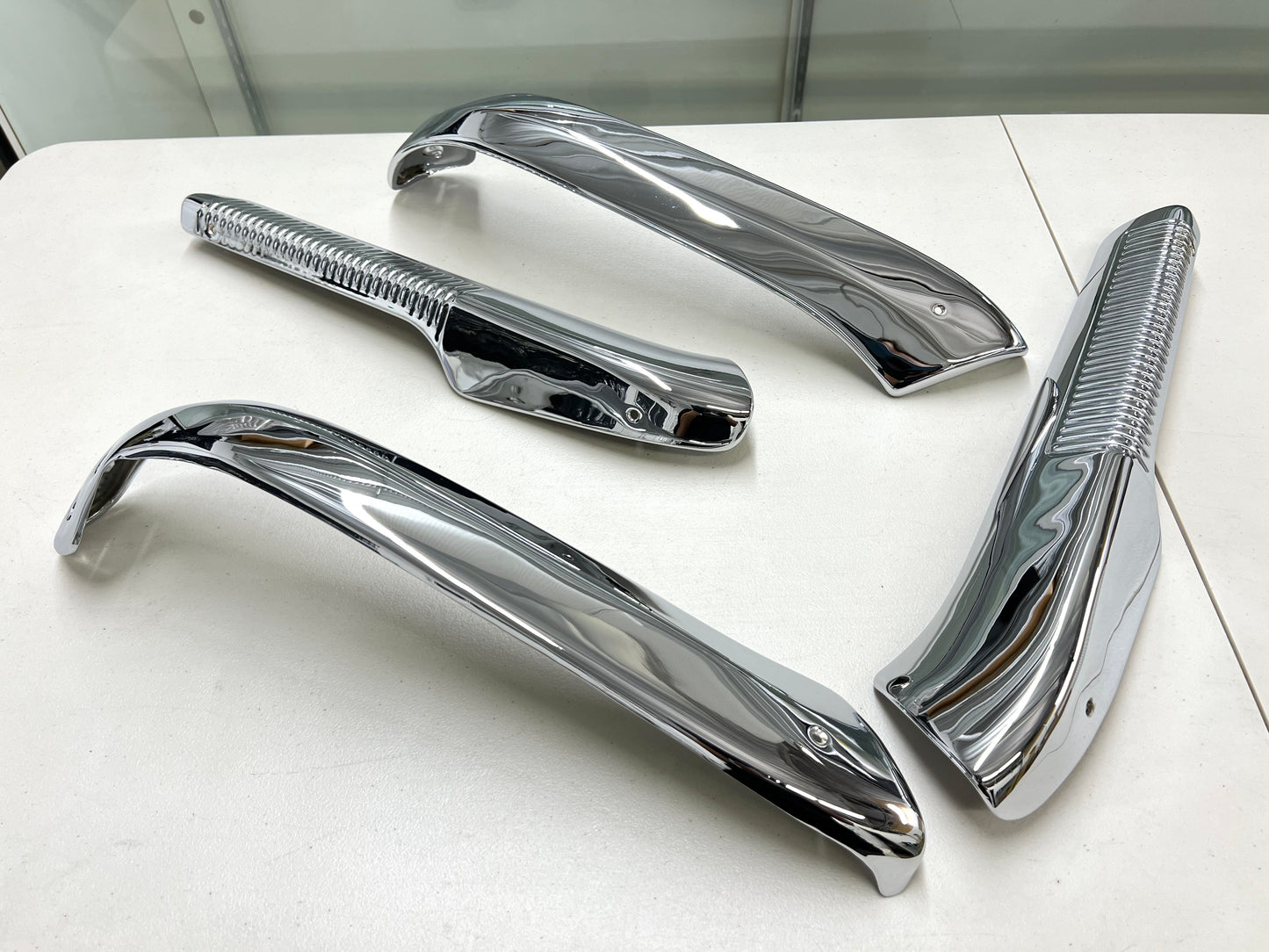 1963-1964 CHEVY IMPALA FRONT BENCH SEAT TRIMS , SHELLS 4PC / CHROME FINISH [GM ORIGINAL OEM RESTORED]