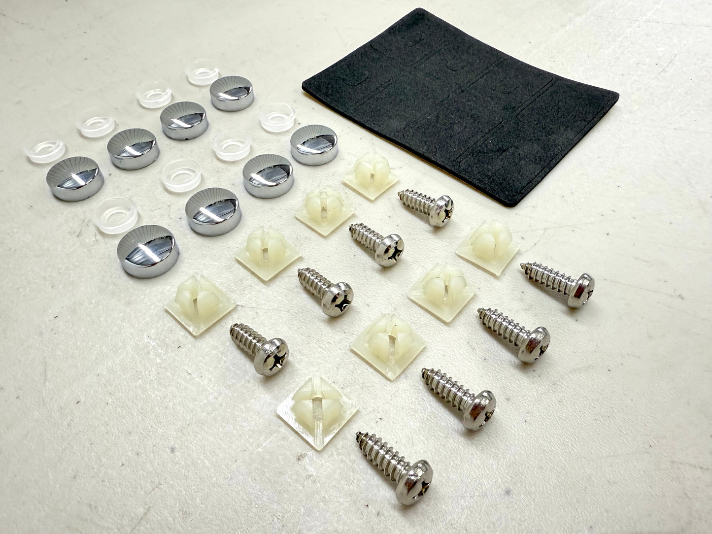 CHEVROLET IMPALA, BEL AIR, BISCAYNE CHROME LICENSE PLATE CAP AND FASTENER SET