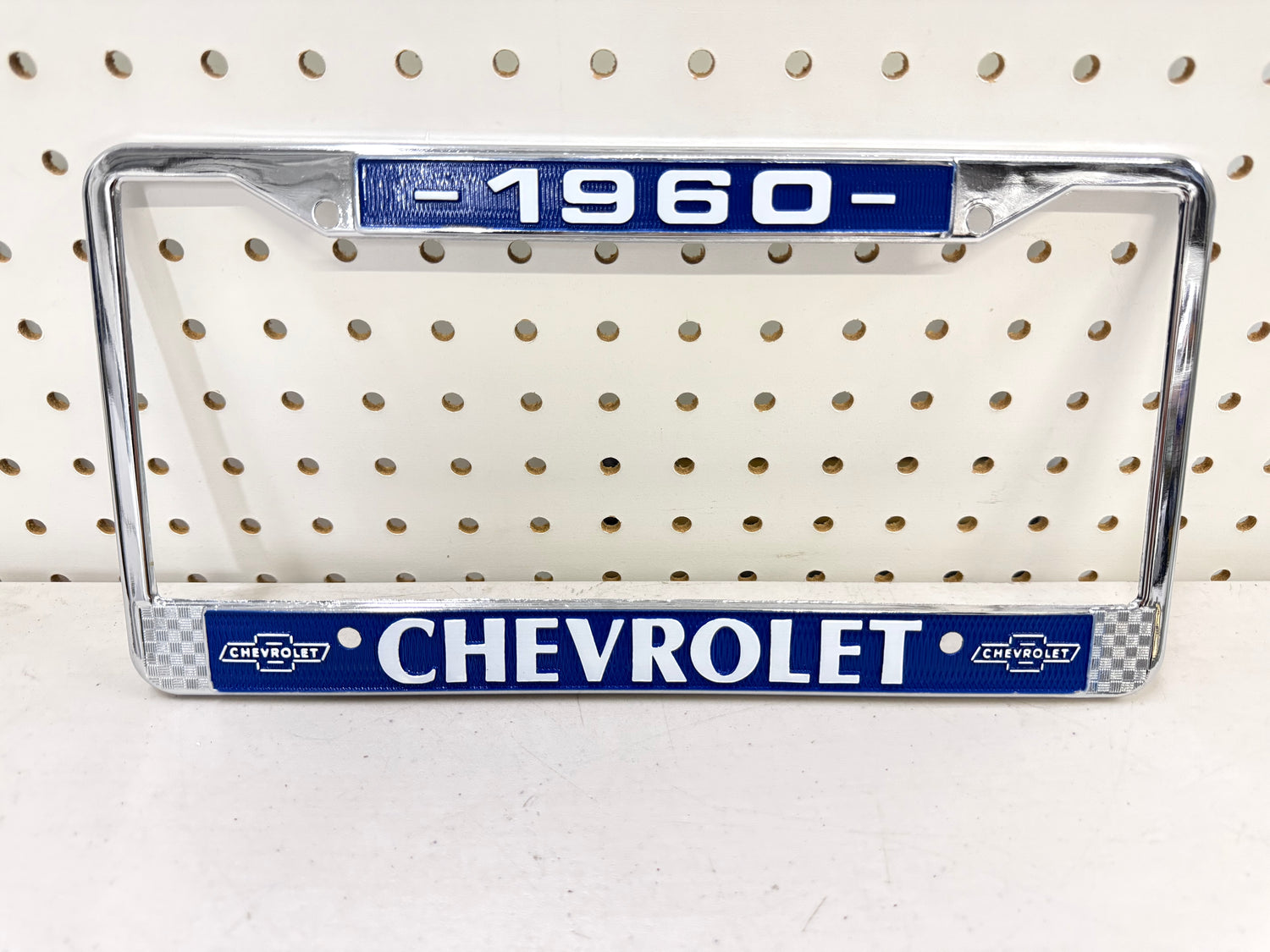 1960 CHEVY CHEVROLET GM LICENSED VINTAGE FRONT REAR LICENSE PLATE HOLDER RETAINER FRAME WITH DUAL BOWTIE LOGOS (BLUE)