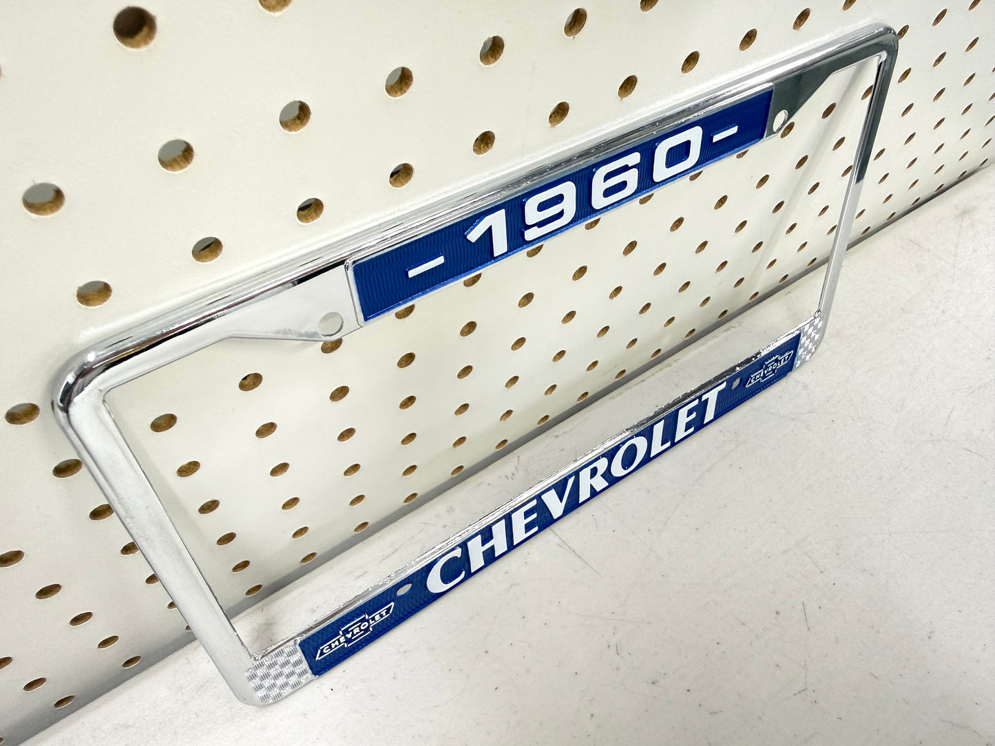 1960 CHEVY CHEVROLET GM LICENSED VINTAGE FRONT REAR LICENSE PLATE HOLDER RETAINER FRAME WITH DUAL BOWTIE LOGOS (BLUE)
