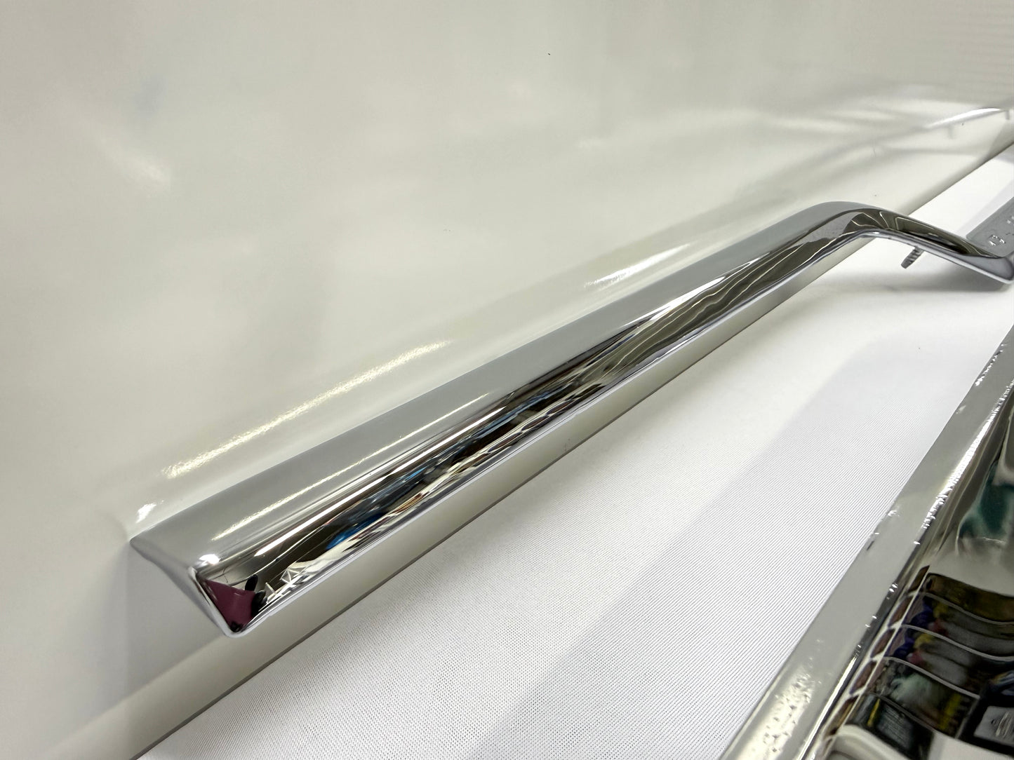 [ORIGINAL OEM RESTORED] 1963 CHEVY IMPALA REAR TRUNK LID PANEL , TAILLIGHT COVE TRIM INSERTS 3PC & TRUNK UPPER LOWER CORNER MOLDINGS TRIMS 4PC COMPLETE SET / TRIPLE CHROME FINISH