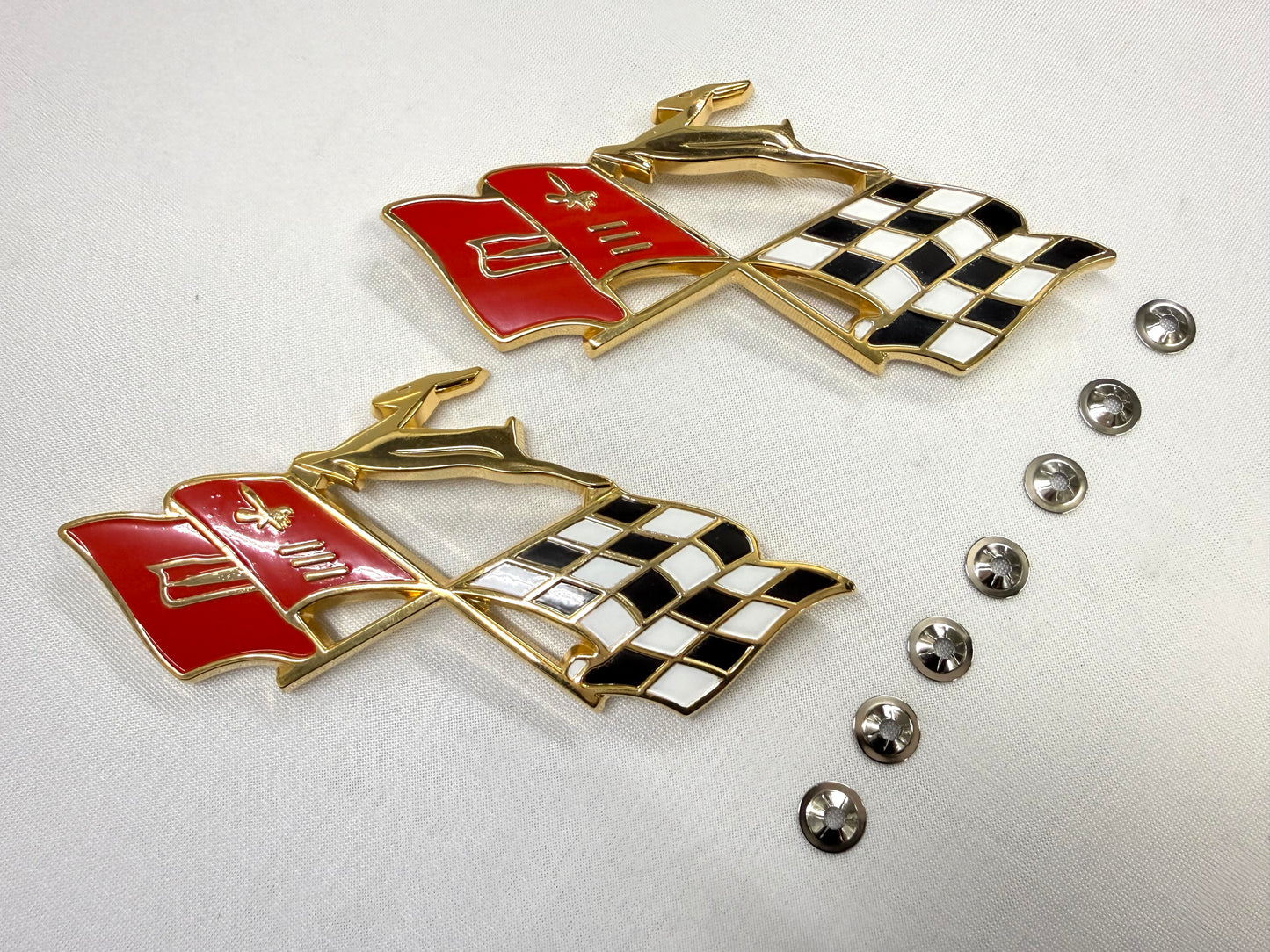 1959 CHEVROLET CHEVY IMPALA REAR QUARTER PANEL GOLD CROSS FLAGS DEER EMBLEM 1PAIR [NEW]