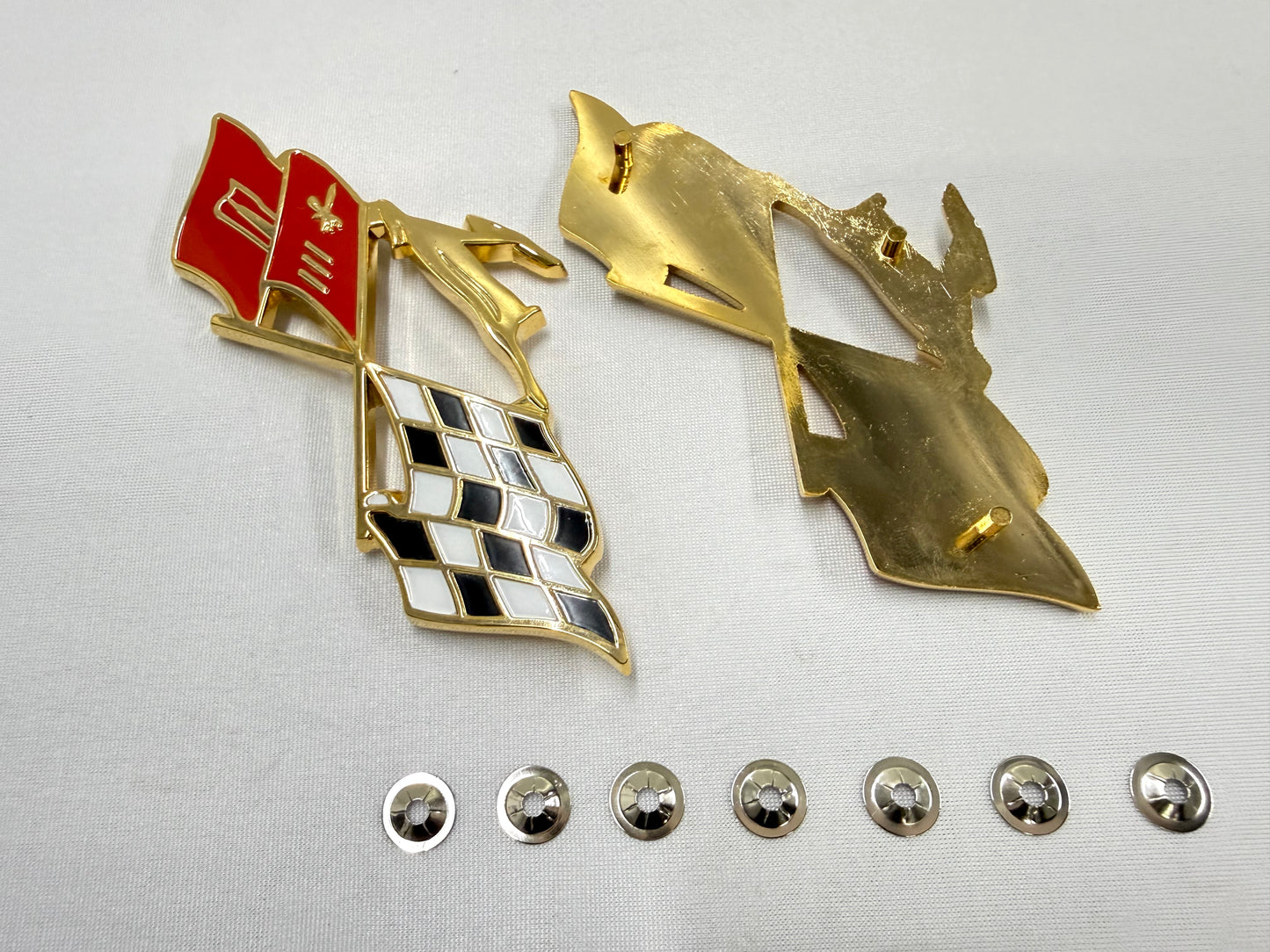 1959 CHEVROLET CHEVY IMPALA REAR QUARTER PANEL GOLD CROSS FLAGS DEER EMBLEM 1PAIR [NEW]