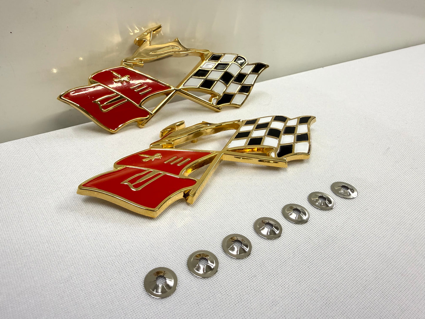 1959 CHEVROLET CHEVY IMPALA REAR QUARTER PANEL GOLD CROSS FLAGS DEER EMBLEM 1PAIR [NEW]