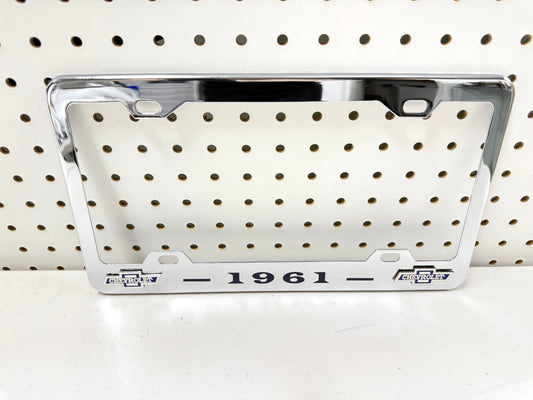 1961 CHEVROLET IMPALA, BEL AIR, BISCAYNE CHROME LICENSE PLATE FRAME WITH DUAL BOWTIE LOGOS