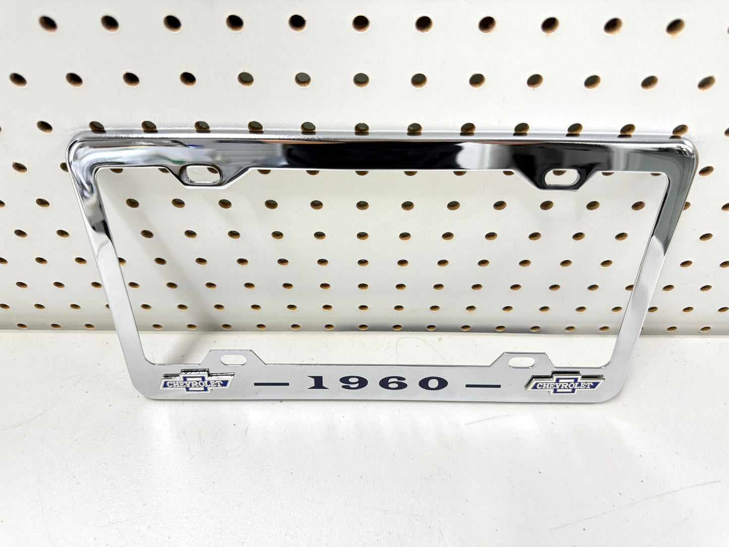 1960 CHEVROLET IMPALA, BEL AIR, BISCAYNE CHROME LICENSE PLATE FRAME WITH DUAL BOWTIE LOGOS