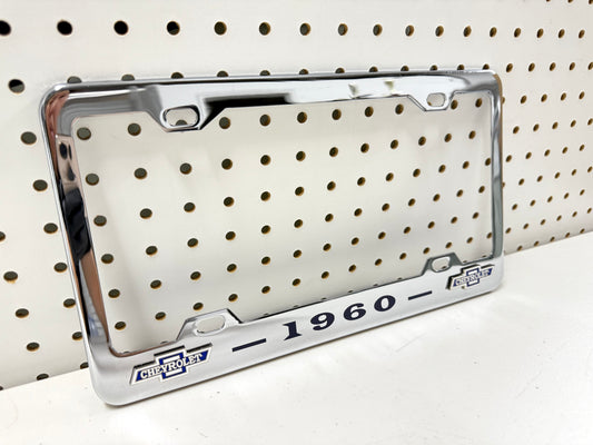 1960 CHEVROLET IMPALA, BEL AIR, BISCAYNE CHROME LICENSE PLATE FRAME WITH DUAL BOWTIE LOGOS