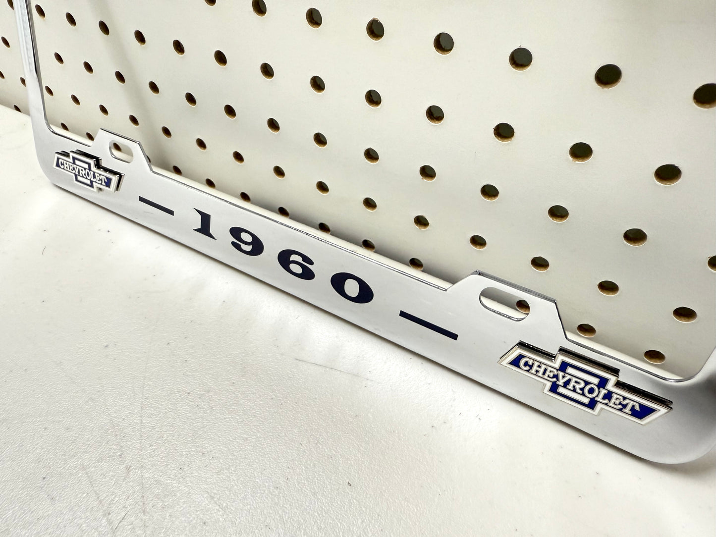 1960 CHEVROLET IMPALA, BEL AIR, BISCAYNE CHROME LICENSE PLATE FRAME WITH DUAL BOWTIE LOGOS