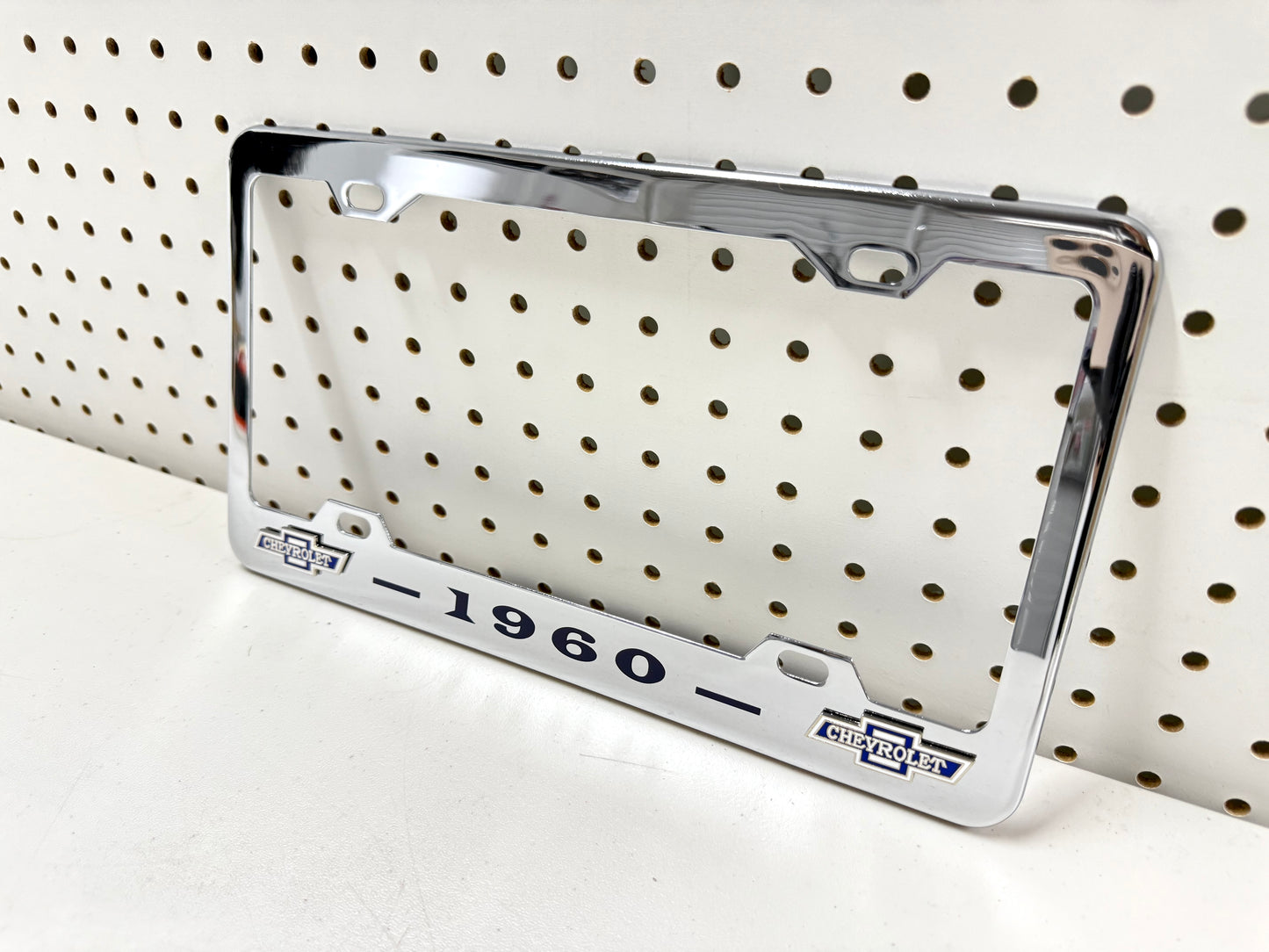 1960 CHEVROLET IMPALA, BEL AIR, BISCAYNE CHROME LICENSE PLATE FRAME WITH DUAL BOWTIE LOGOS